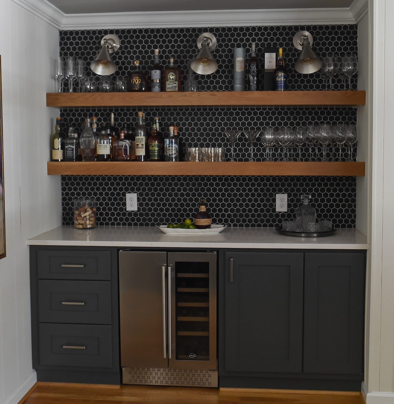 Home Bar Design Floating Shelves Wine Fridge