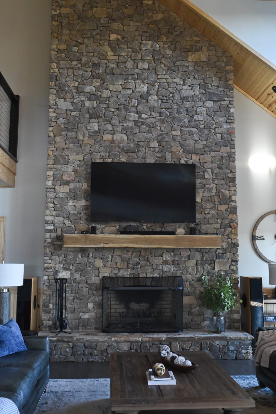 Lisa Hatley Design Stone Fireplace Living Room Design